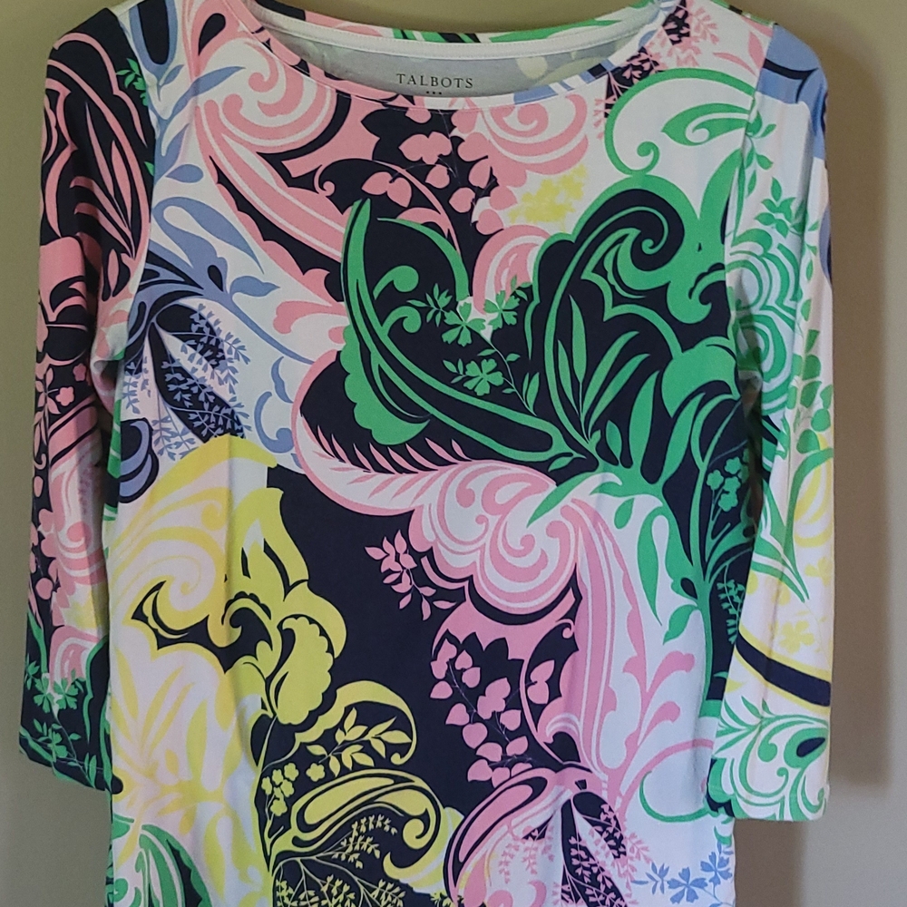 Talbots Pink and Yellow Graphic 3/4 Sleeve Blouse